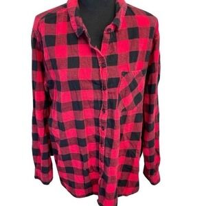 Beachlunchlounge Women Button Down Shirt Buffalo Plaid Red Black XL‎ Grunge